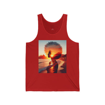 Sunset Silhouette Unisex Jersey Tank, Bohemian Beach Top, Summer Statement Piece, Festival Wear, Graphic Tank Top